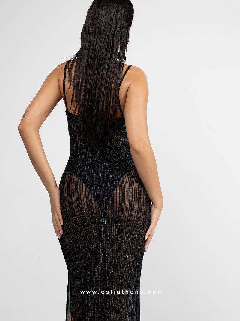 Μαύρο μακρύ Crochet φόρεμα με ασημένιες λεπτομέρειες