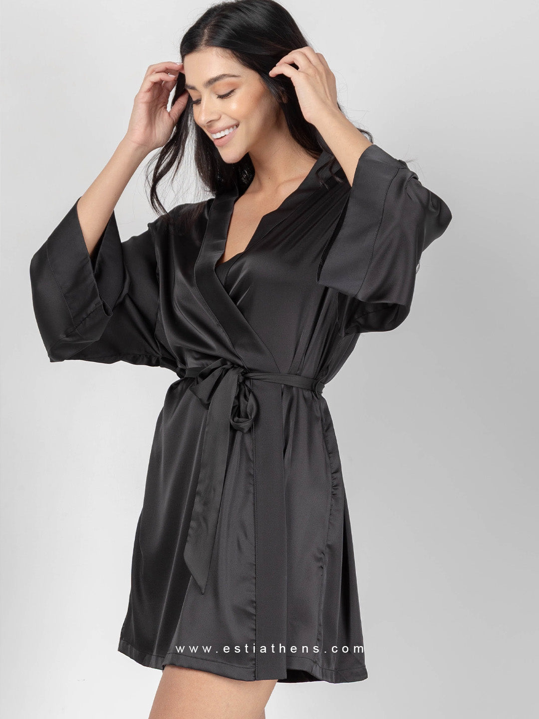 Black Satin Robe With Belt | Esti Athens