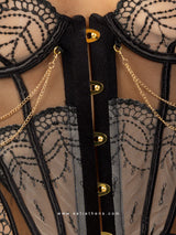 Μαύρο strapless σετ κορσέ με μπεζ διαφάνεια και χρυσές αλυσίδες