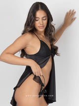 Μαύρο σατέν babydoll με δαντέλα και τούλι