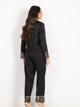 Πιτζάμες γυναικείες σατέν, μαύρο σετ με δαντέλα