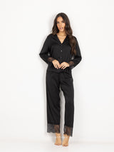 Πιτζάμες γυναικείες σατέν, μαύρο σετ με δαντέλα