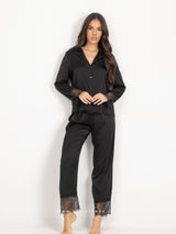 Πιτζάμες γυναικείες σατέν, μαύρο σετ με δαντέλα