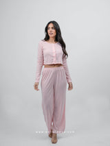 Ροζ πιτζάμα με crop ζακέτα και παντελόνι
