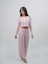 Ροζ πιτζάμα με crop ζακέτα και παντελόνι