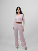Ροζ πιτζάμα με crop ζακέτα και παντελόνι