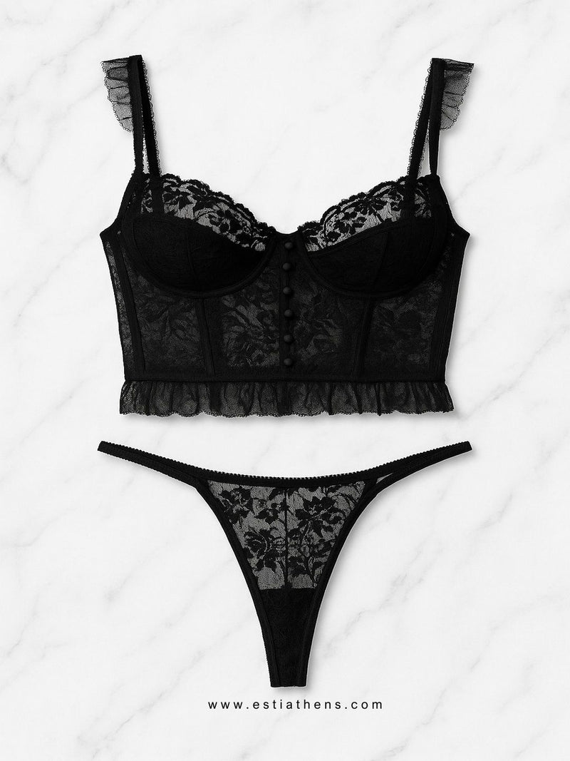 Μαύρο σετ εσωρούχων με δαντέλα και πουά λεπτομέρειες