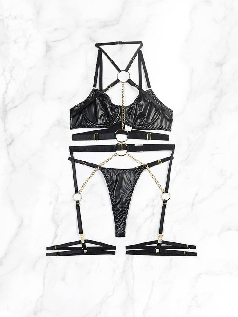 Μαύρο vinyl σετ εσωρούχων με μπανέλες, ζαρτιέρες & αλυσίδες