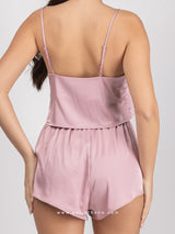 Ροζ σατέν σετ πιτζάμες με τοπ & σορτς