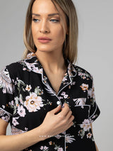 Μαύρες σατέν floral πιτζάμες με κουμπιά