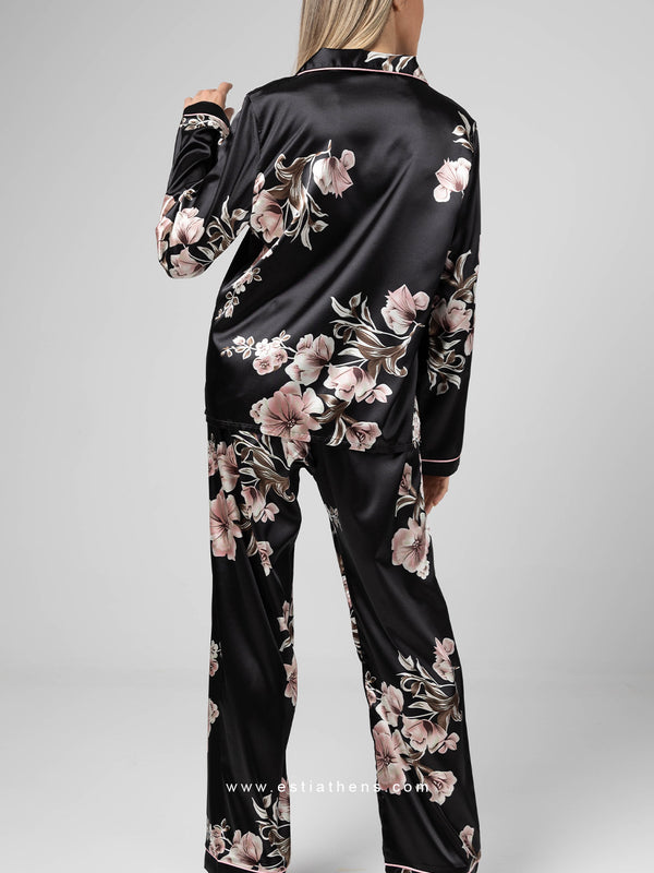 Μαύρες σατέν floral πιτζάμες με κουμπιά