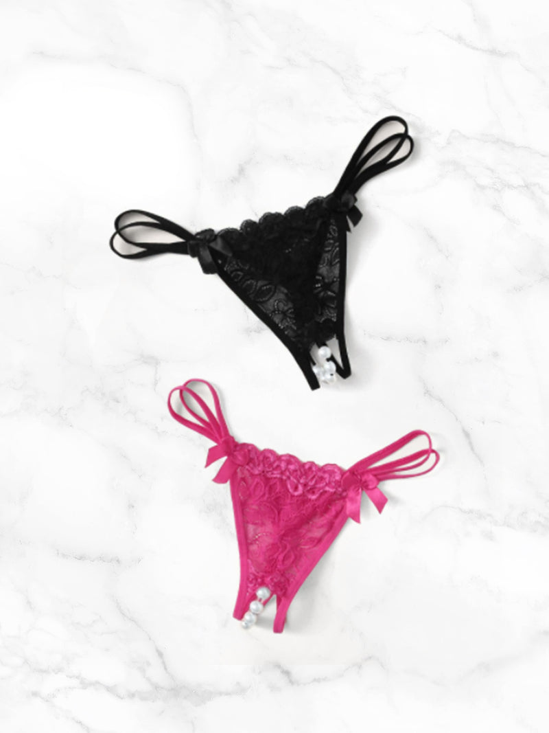 Πολύχρωμο crotchless σετ εσωρούχων με δαντέλα και πέρλες